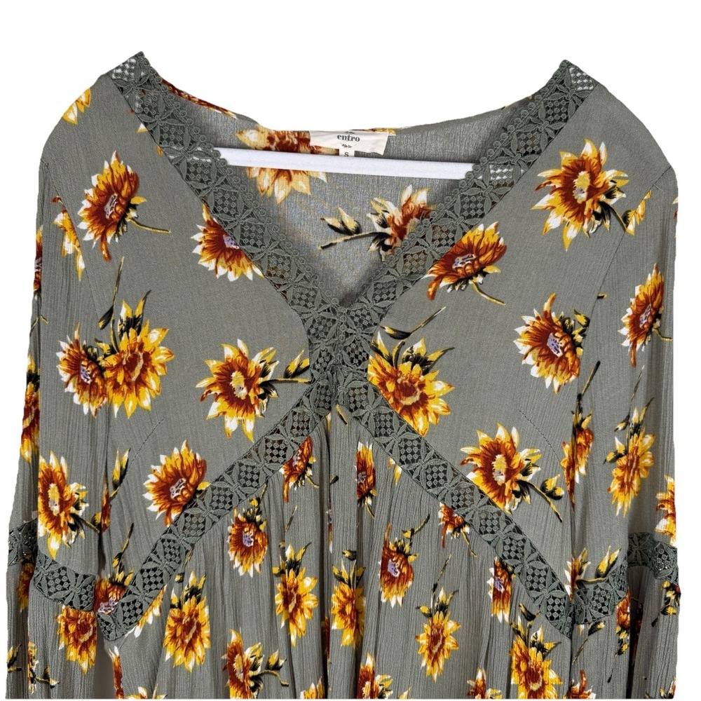 Entro Dress Lace Trim Green Yellow Floral Midi Ruffle Boho Small Over Sized Boho
